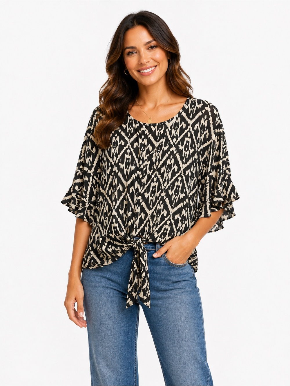 Tie-Front Geometric Print Blouse - Black & White